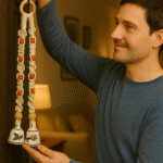 Man Hanging a Handcrafted Macrame Bell