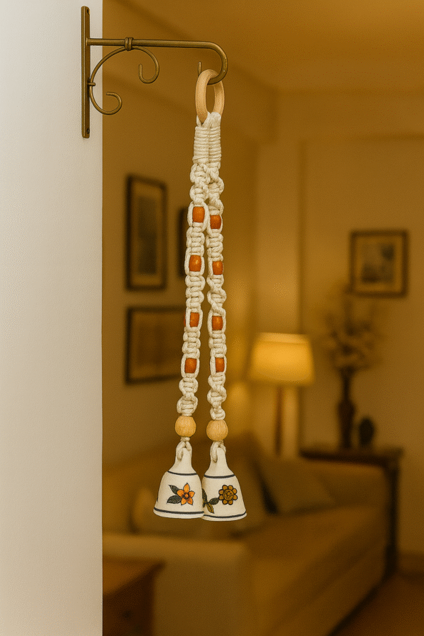 Man Hanging a Handcrafted Macrame Bell