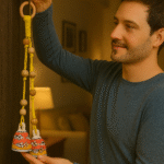 Man Hanging a Handcrafted Yellow Macrame Bell