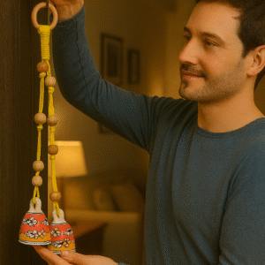 Man Hanging a Handcrafted Yellow Macrame Bell