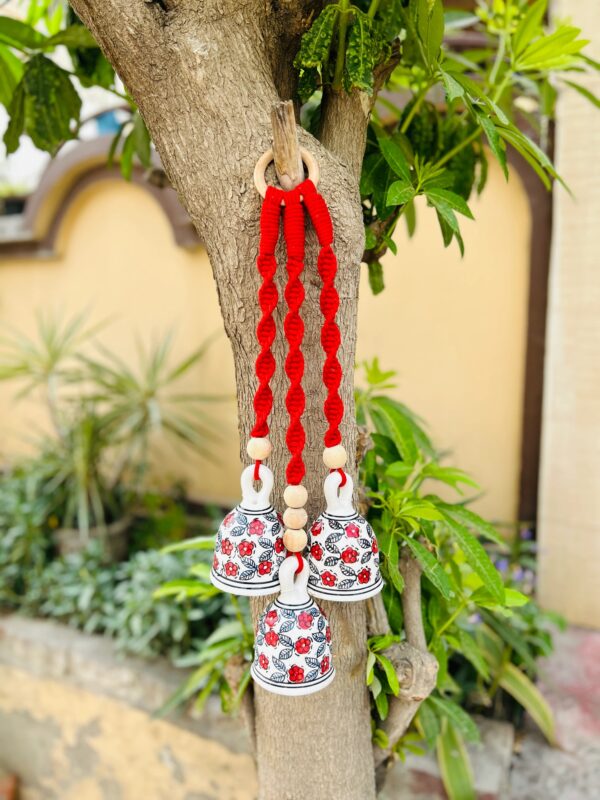 Handcrafted Red Macramé Triple Ceramic Bell