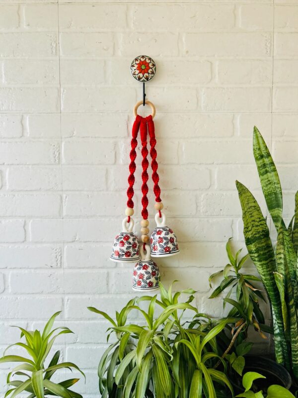 Handcrafted Red Macramé Triple Ceramic Bell