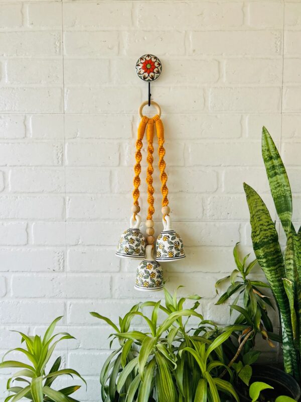 Handcrafted Mustard Macramé Triple Ceramic Bell