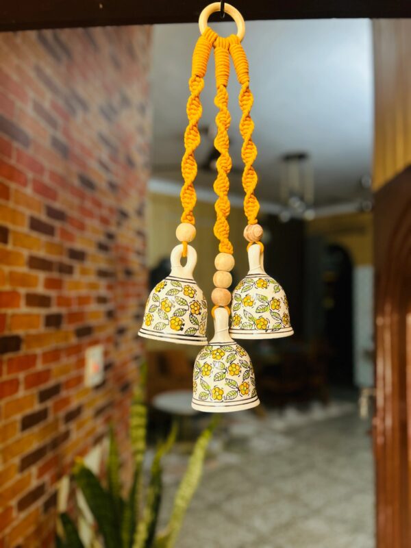 Handcrafted Mustard Macramé Triple Ceramic Bell