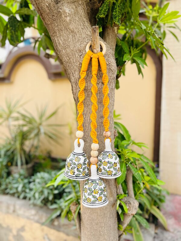 Handcrafted Mustard Macramé Triple Ceramic Bell