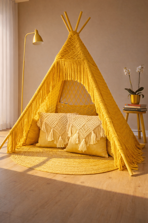 Handwoven Yellow Boho Macramé Teepee Tent