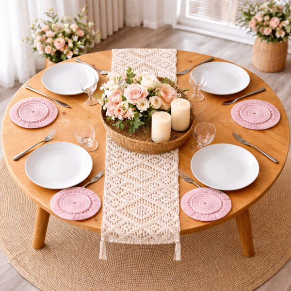 Macrame Table Runner with Easter Table Decor Set | Boho Dining Table Decoration | Bunny Centerpiece & Floral Setup