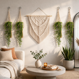Boho Macrame Wall Hanging with Hanging Planters Set | Handmade Cotton Rope Wall Decor | Indoor Bohemian Home Decoration