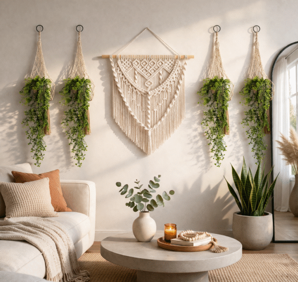 Boho Macrame Wall Hanging with Hanging Planters Set | Handmade Cotton Rope Wall Decor | Indoor Bohemian Home Decoration
