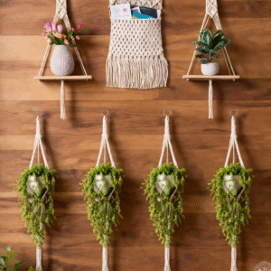 Macrame Wall Hanging Organizer with Plant Hangers Set | Boho Wall Decor | Cotton Rope Shelf & Planter Combo