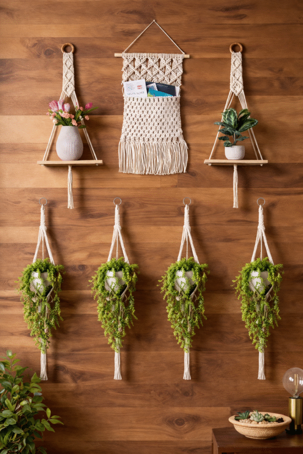 Macrame Wall Hanging Organizer with Plant Hangers Set | Boho Wall Decor | Cotton Rope Shelf & Planter Combo
