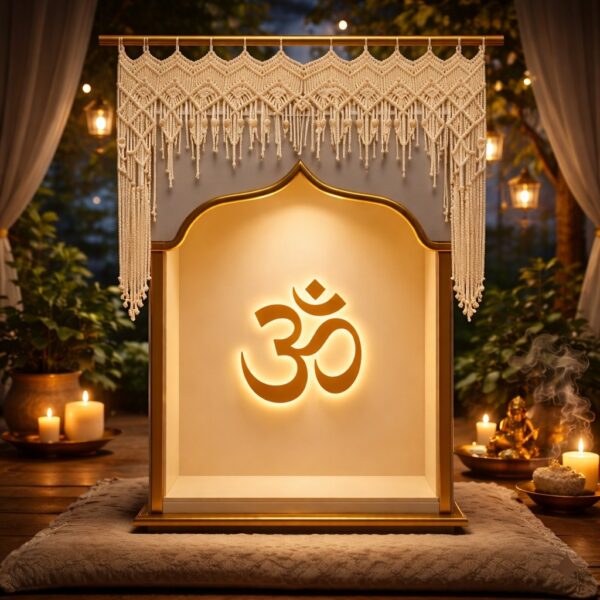 18 Inch Handmade Macrame Temple Curtain | Cotton Boho Mandir Wall Hanging | Spiritual Pooja Room Decor